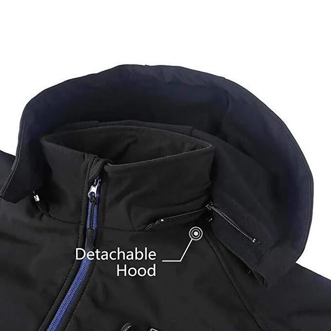 Black men's waterproof winter coat with USB heating port on chest and straight hem.