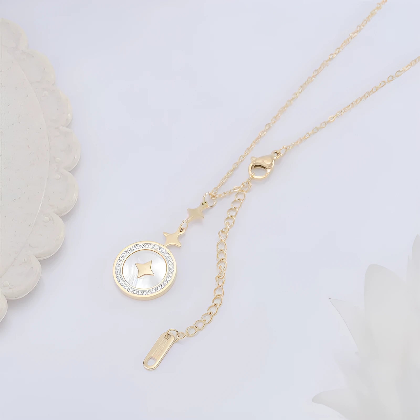 Women's titanium steel necklace with hexagonal star geometric pendant on O-ring chain