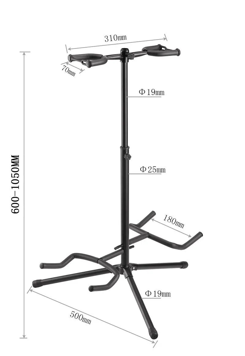 Black vertical double-headed adjustable guitar stand for acoustic and electric instruments