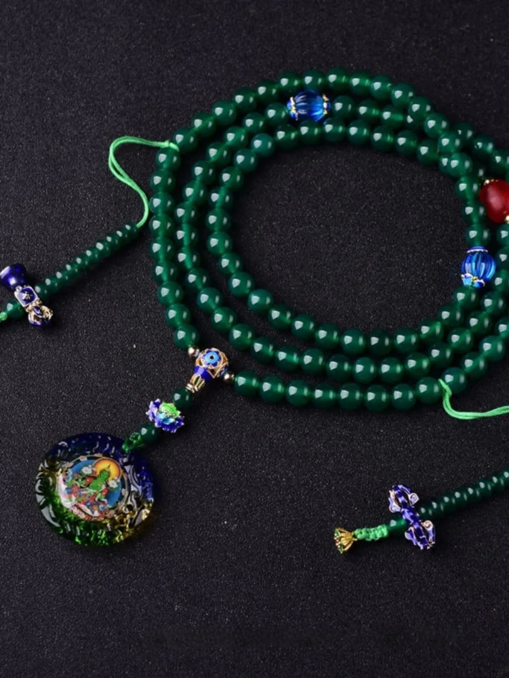 Handmade natural green agate 108 thangka pendant multi-circle bracelet with certification