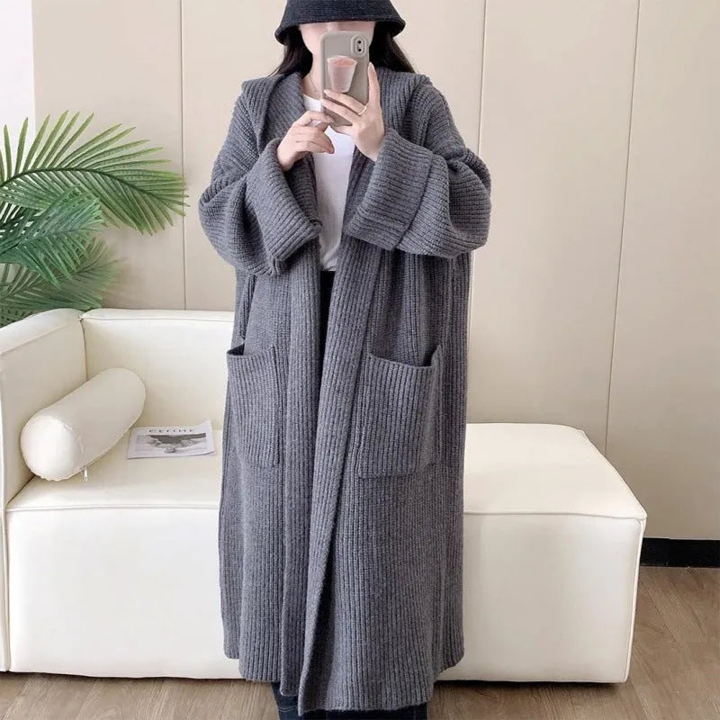 Women's acrylic fibre hooded cardigan coat with 80cm length and raglan sleeves in milky white colour