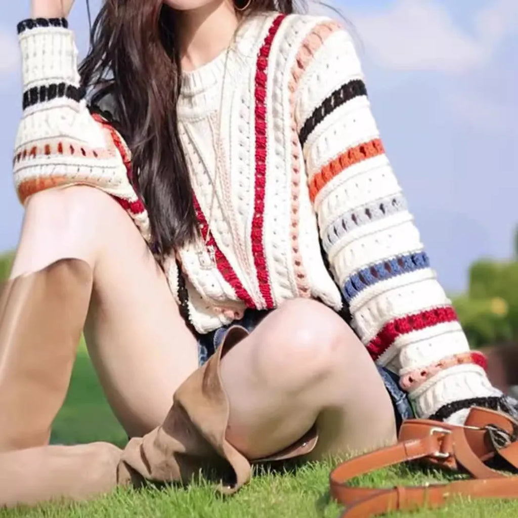Rainbow striped loose fit sweater with batwing sleeves and round neck