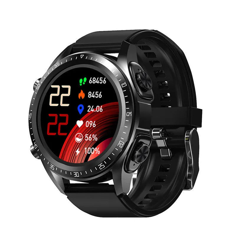 Black smart watch with blood pressure monitor on silicone strap, showing 1.28-inch screen.