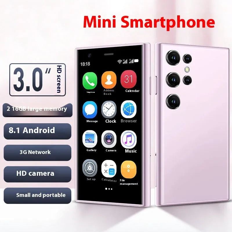 S23PRO XS15 mini smartphone in Black, Green and Pink Purple colours showing straight plate design