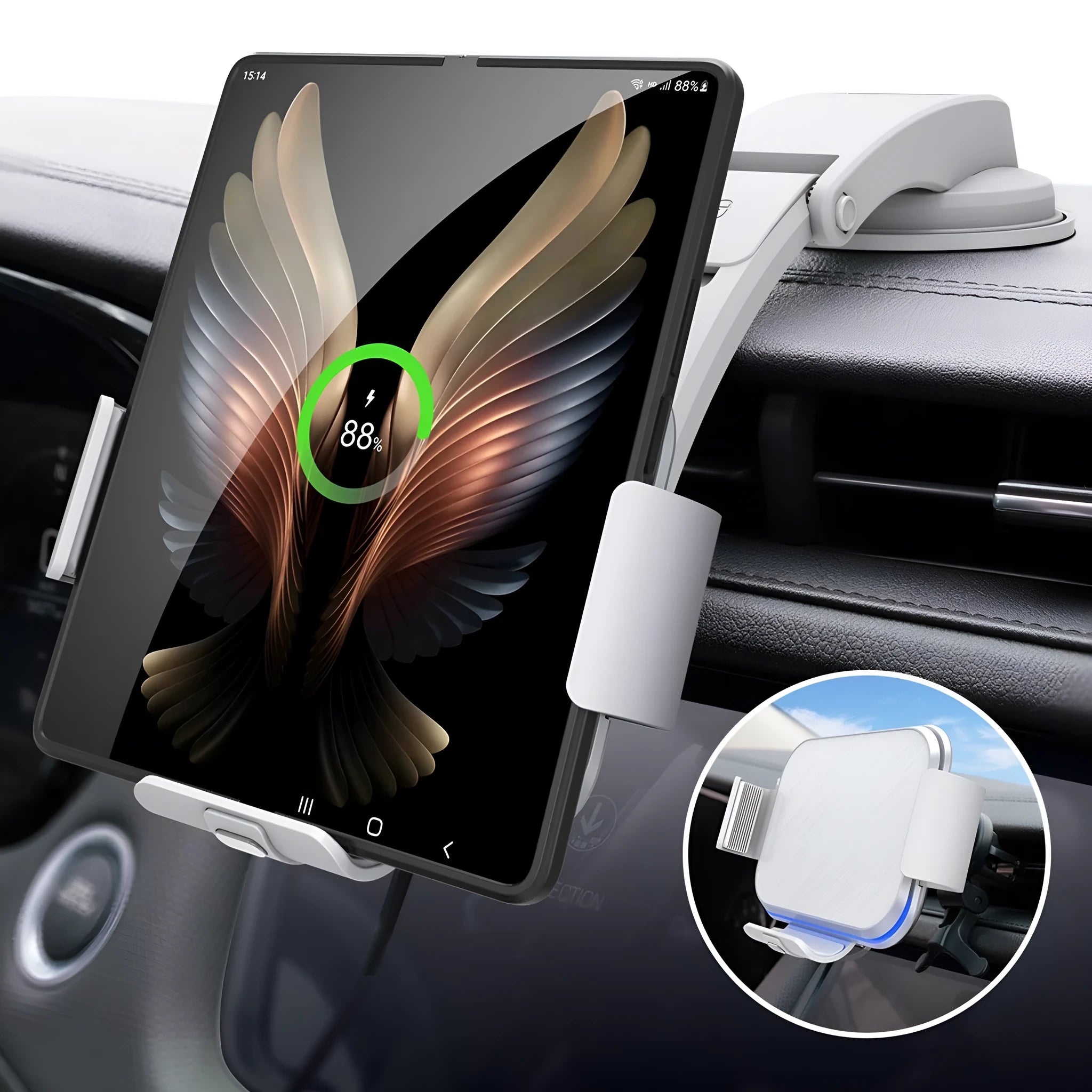 Grey wireless charging car phone holder with folding screen shown with air vent clip and suction cup mount