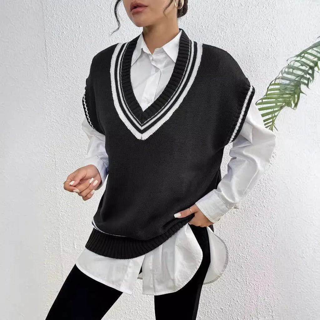 Blue loose-fit women's acrylic blend vest sweater on a hanger, college style.