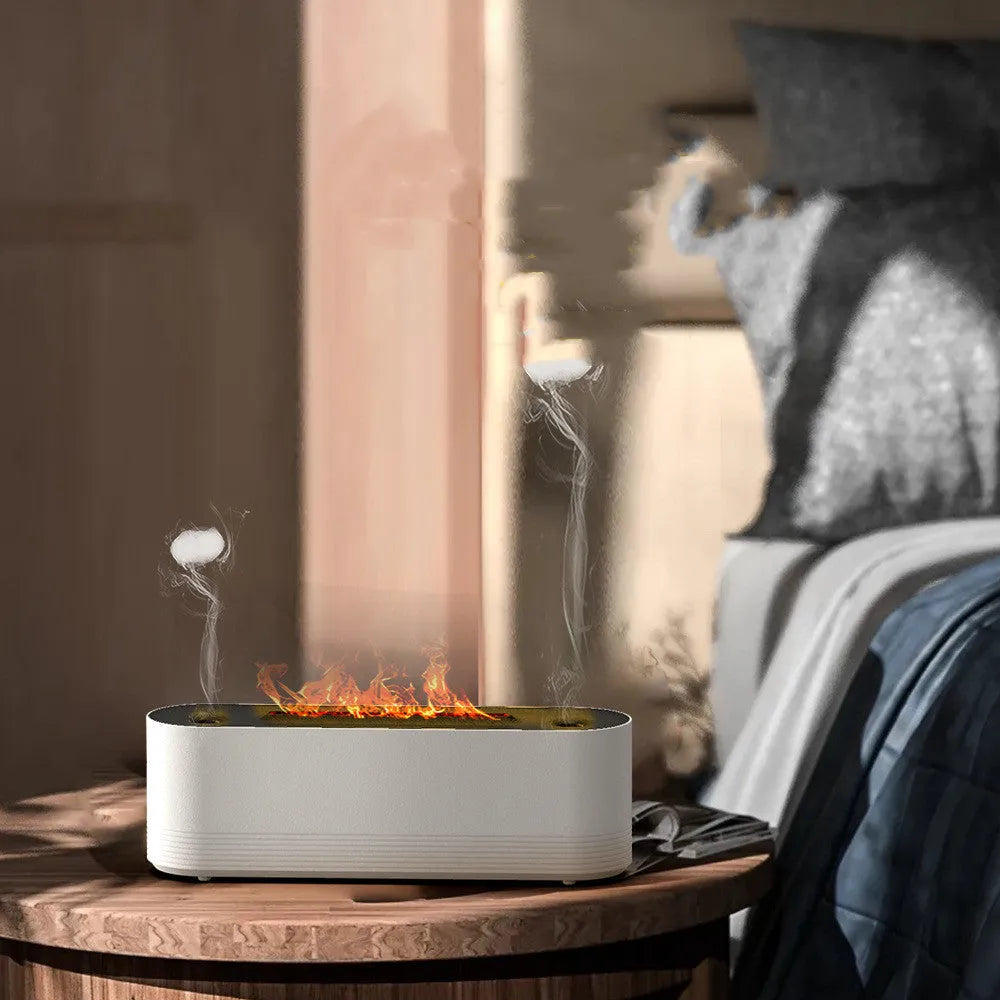 Black Flame Air ultrasonic humidifier and aroma diffuser with LED mood light on.