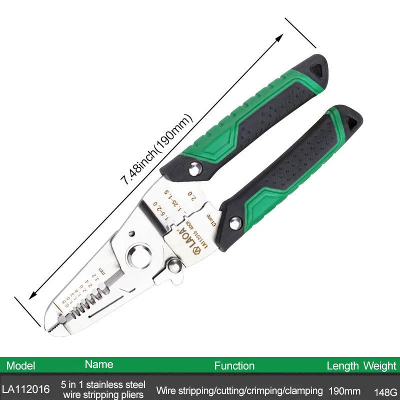 Stainless steel multifunctional wire stripper tool with two-colour handle showing seven different sized stripping ports.
