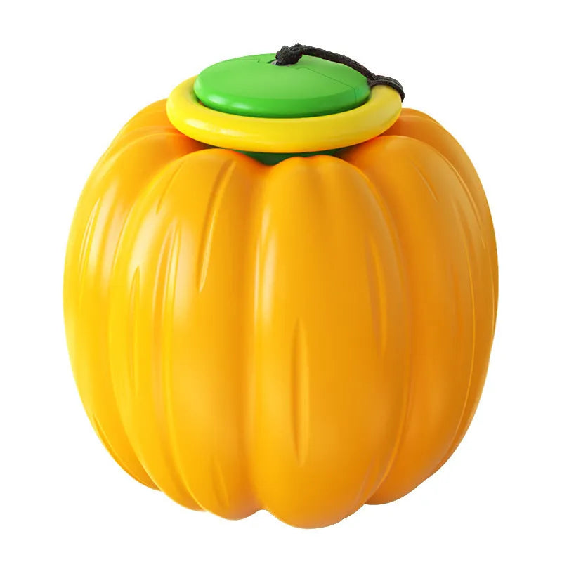 Green, orange, and yellow plastic pumpkin-shaped dog balls with a squeaker.