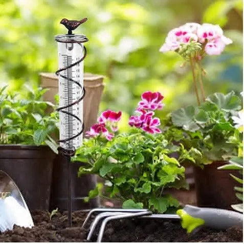 Cast iron garden rain gauge with glass tube and hummingbird decoration, showing 1-20 measurement scale.