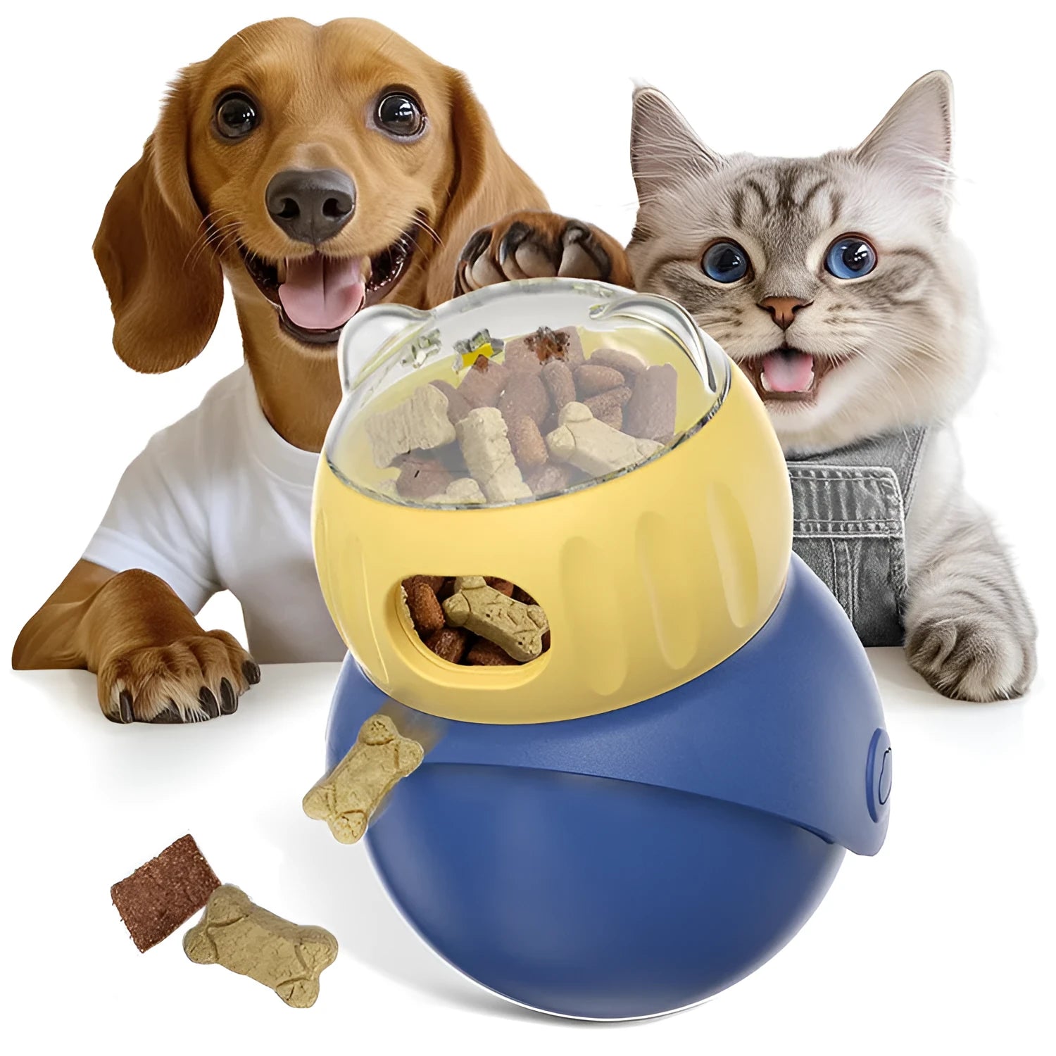 Yellow and blue plastic tumbler-style cat feeder puzzle toy on a floor.