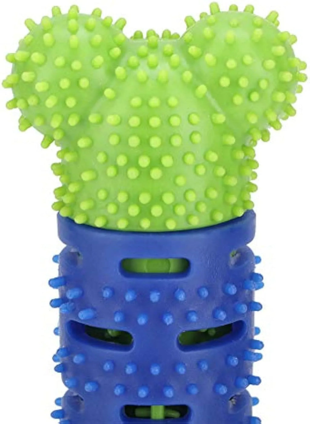 Blue-green silicone dog dental chew toy with brush head design and gum massage nodules for teeth cleaning