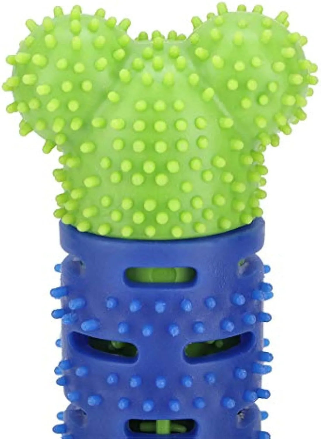 Blue-green silicone dog dental chew toy with brush head design and gum massage nodules for teeth cleaning