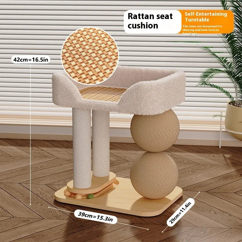 Pine wood cat scratching nest with sisal posts and raised sleeping platform in dual-column design