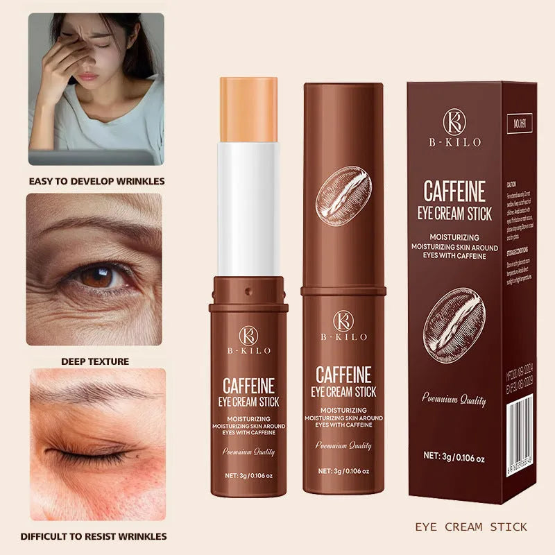 Caffeine eye cream stick in white applicator, 3g net content for dark circles and fine lines.