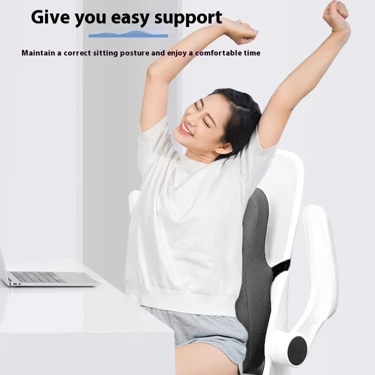 Grey contoured lumbar support pillow for office chair, showing 40x40x8cm dimensions.