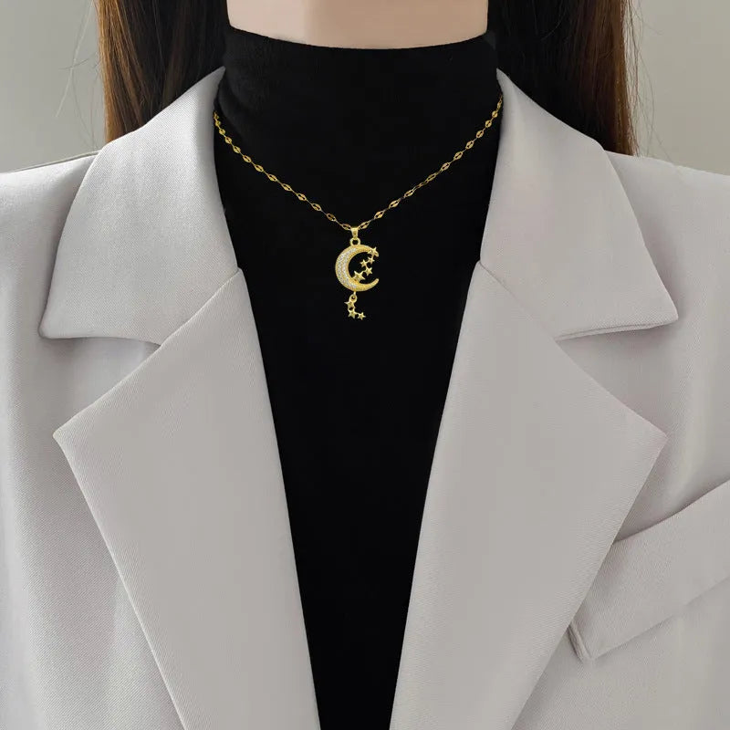 Moon pendant necklace with geometric stainless steel chain and copper pendant
