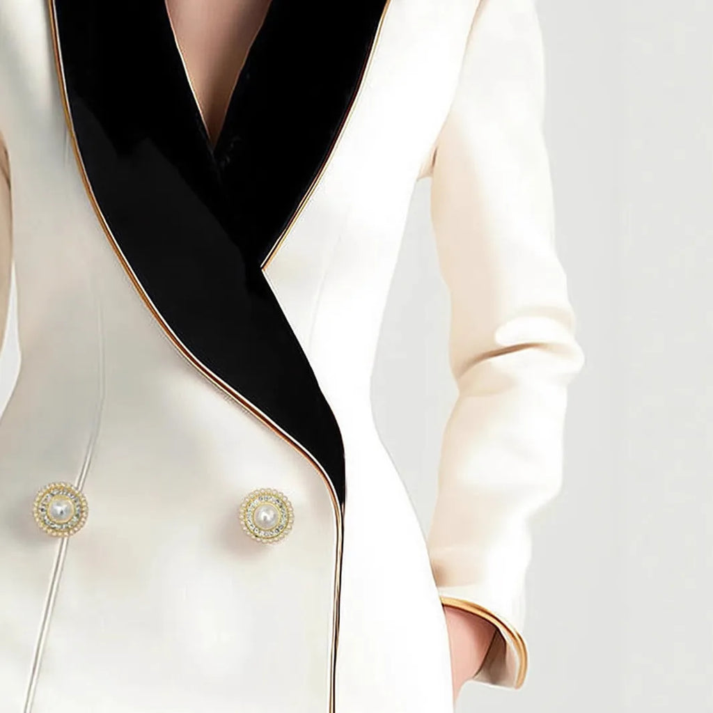 Women's irregular cut long sleeve coat with golden edge detailing and pearl buttons in milky white