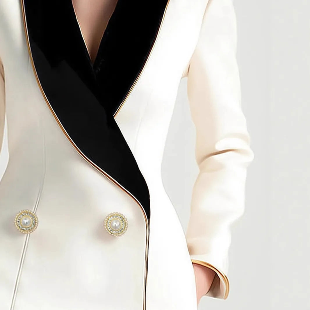 Women's irregular cut long sleeve coat with golden edge detailing and pearl buttons in milky white