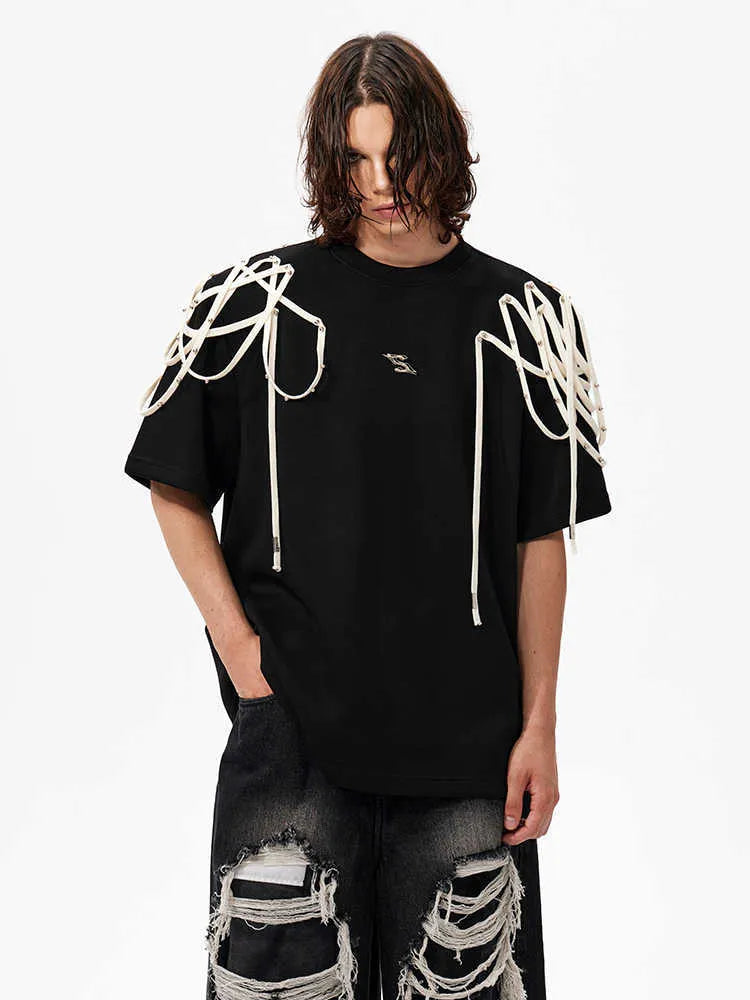 Black loose fit T-shirt with rivet ribbon padded shoulder details and short sleeves