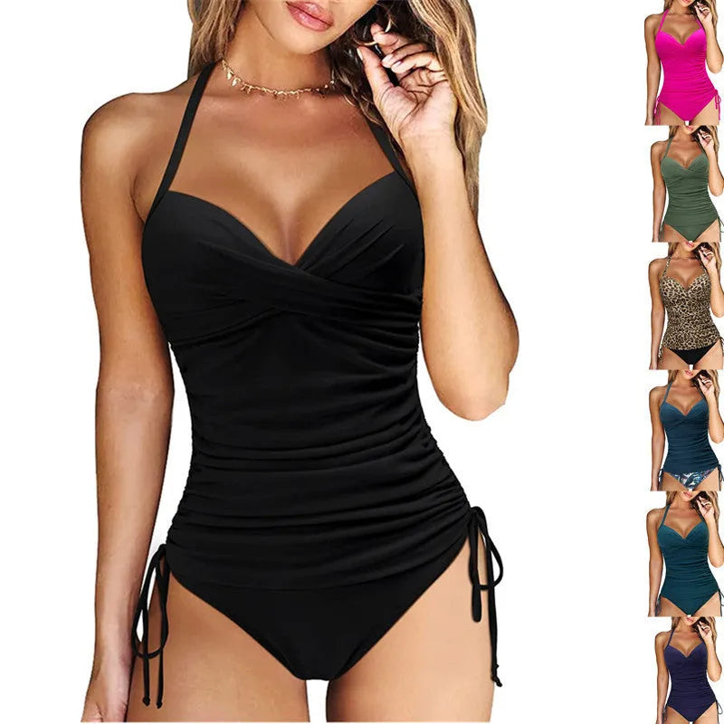 Women's separated swimwear bikini set in nylon fabric showing slim fit design and high waist styling
