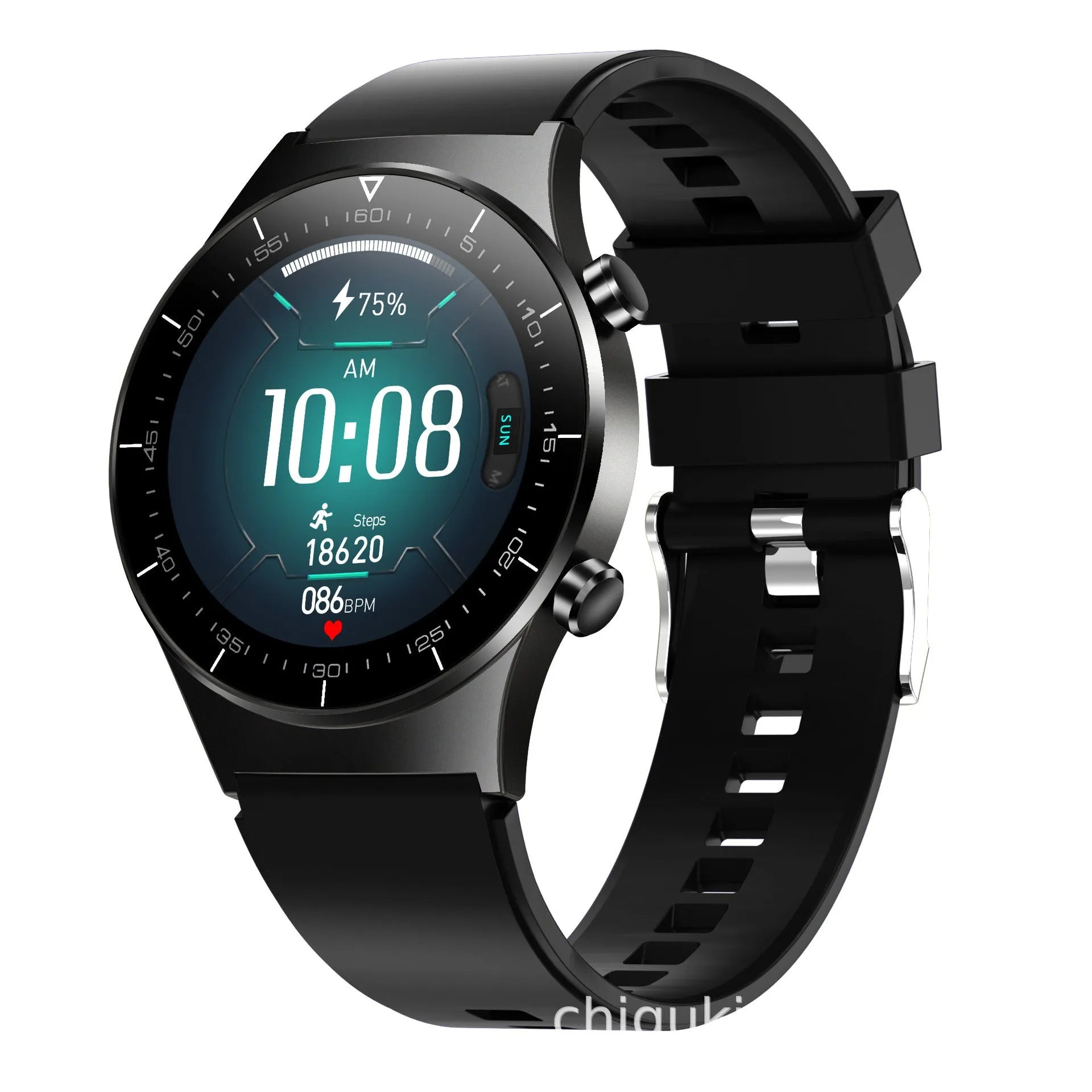 Black smart watch with TPU strap showing a 1.28-inch touchscreen display on a wrist.