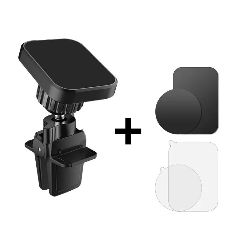 Black magnetic car phone holder mounted on vehicle air conditioning outlet