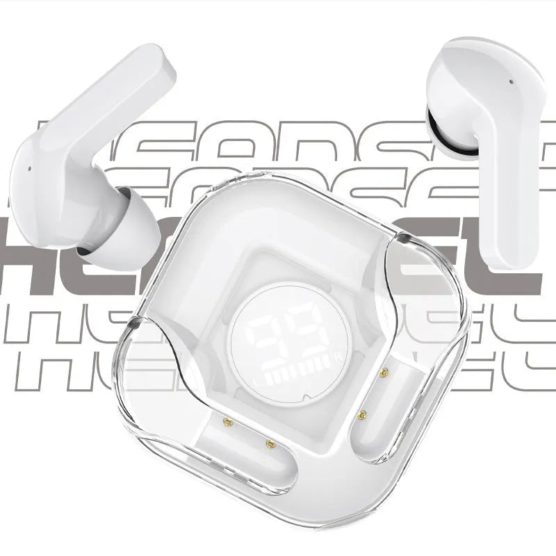 Transparent design TWS wireless Bluetooth in-ear headphones in white, black, blue, green, and pink colour options.