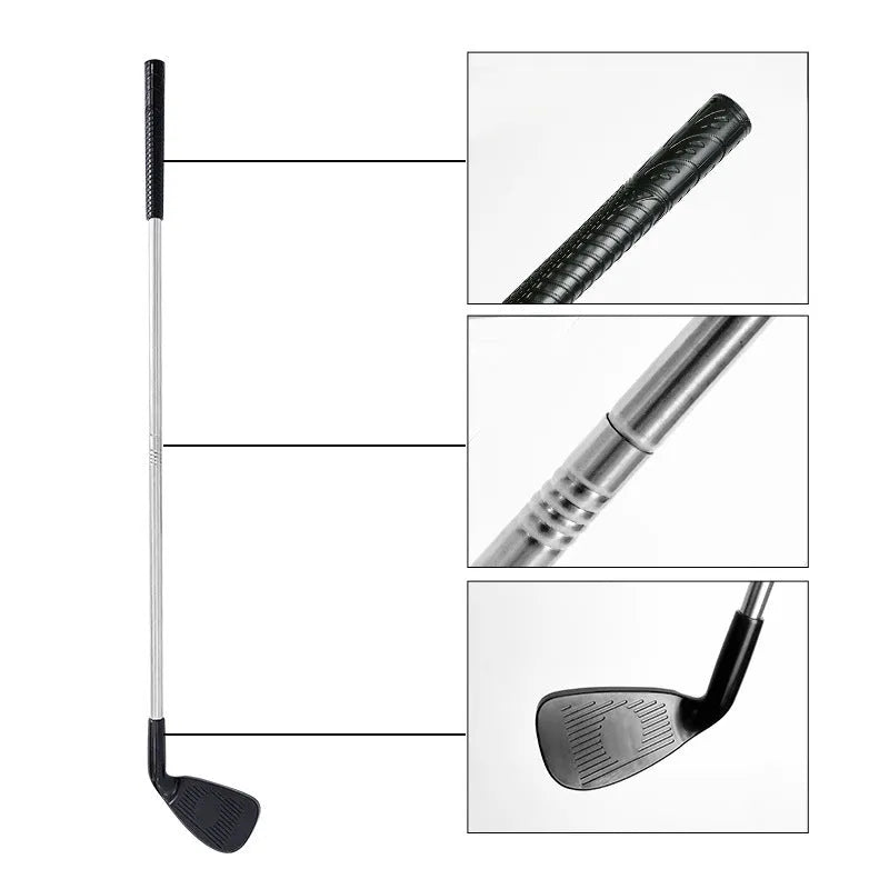 Metal golf club set showing adult and children's sized clubs for outdoor sports practice