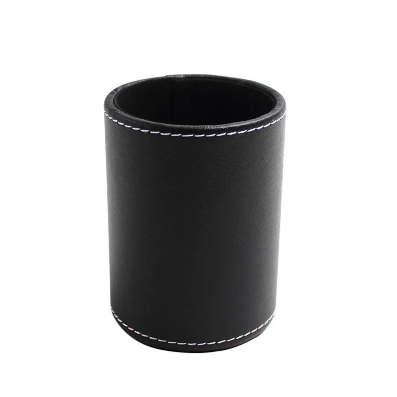 Round black leather pen container showing cylindrical shape and dimensions
