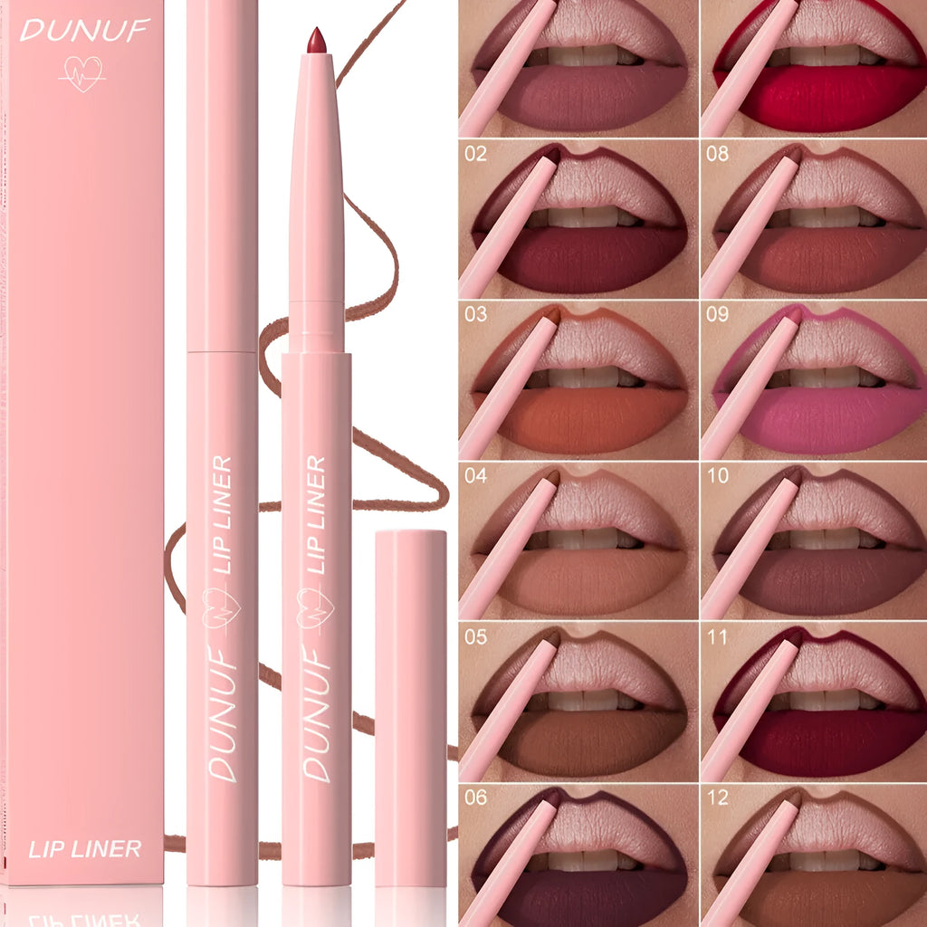 Velvet matte lip liner pencil in 12 different colour options for lip contouring