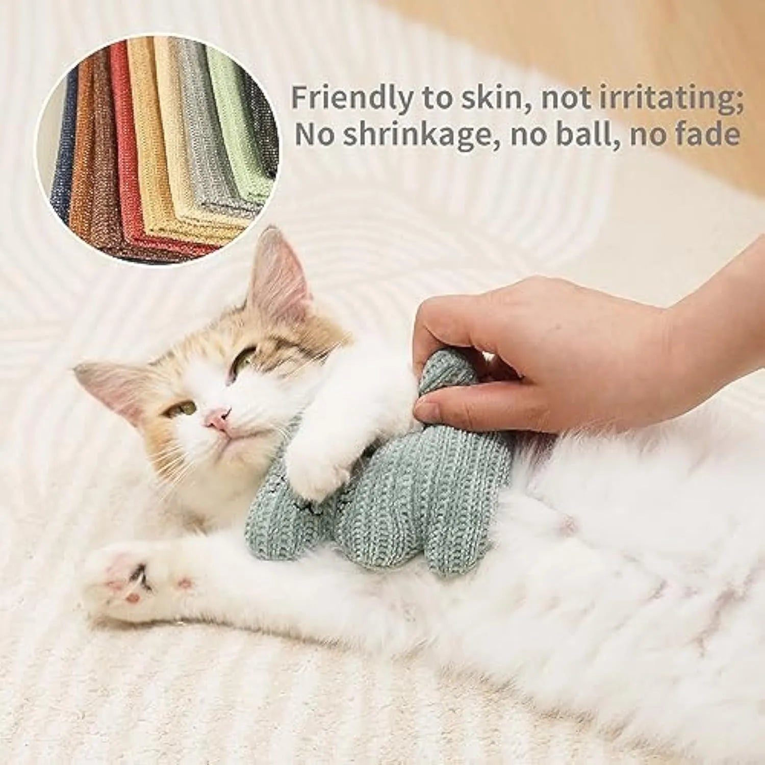 Cyan plush rope catnip toy with bell for cats, showing knitted fabric texture and measuring 12 cm by 11 cm