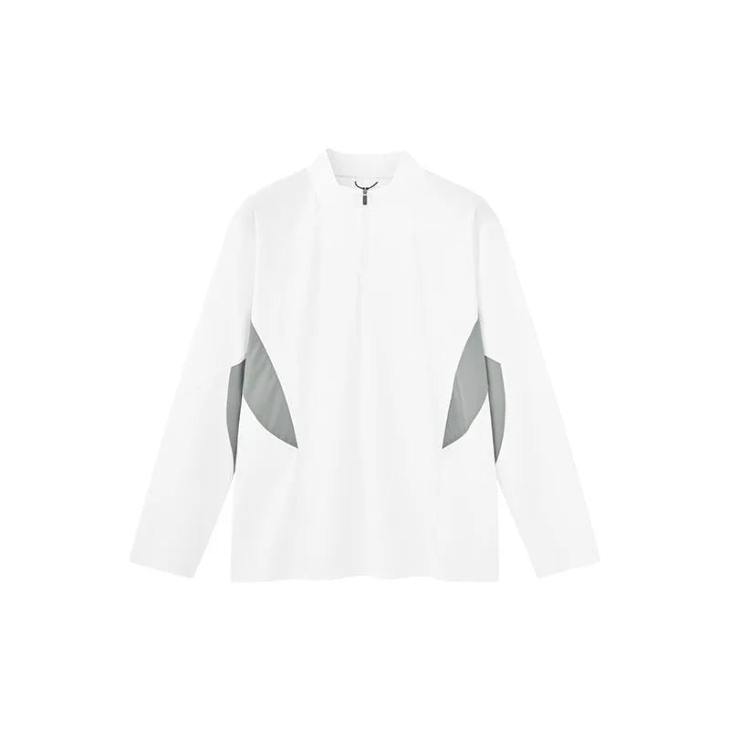 Men's lightweight solid colour polyester top shown in black and beige, available in long sleeve and short sleeve styles.