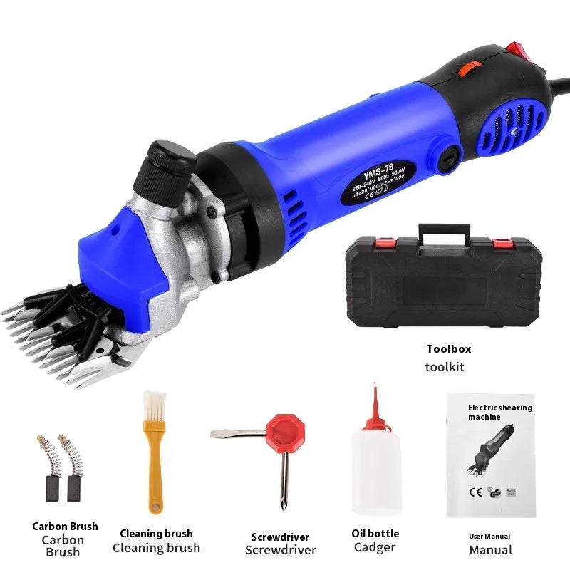 Yellow electric wool shearing machine with 110V plug and multiple blade attachments including straight and curved knives