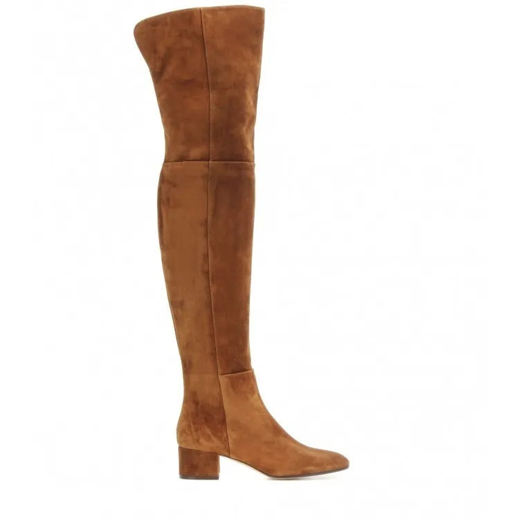Grey suede women's over-the-knee flat boots with a low chunky heel and pointed toe.