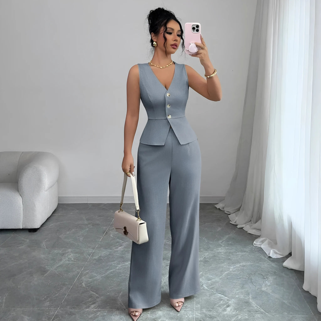 Women's black sleeveless vest and high-waisted trousers two-piece set in Japanese Korean casual style