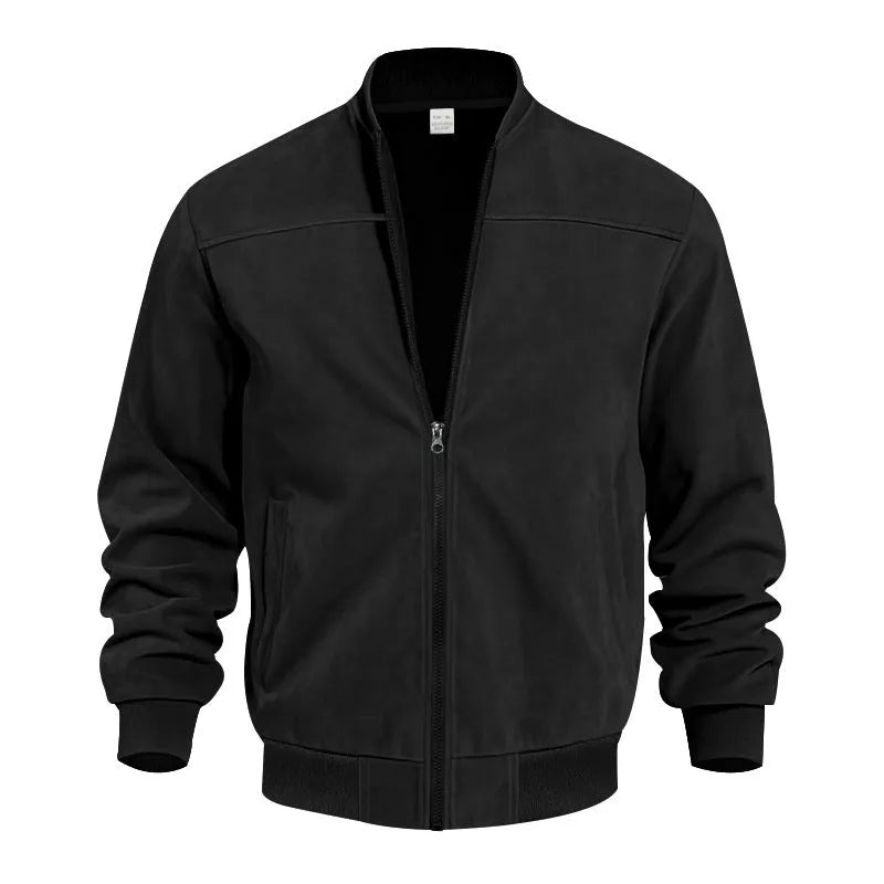 Men's plus size suede zip-up jacket in Army Green colour on a hanger.