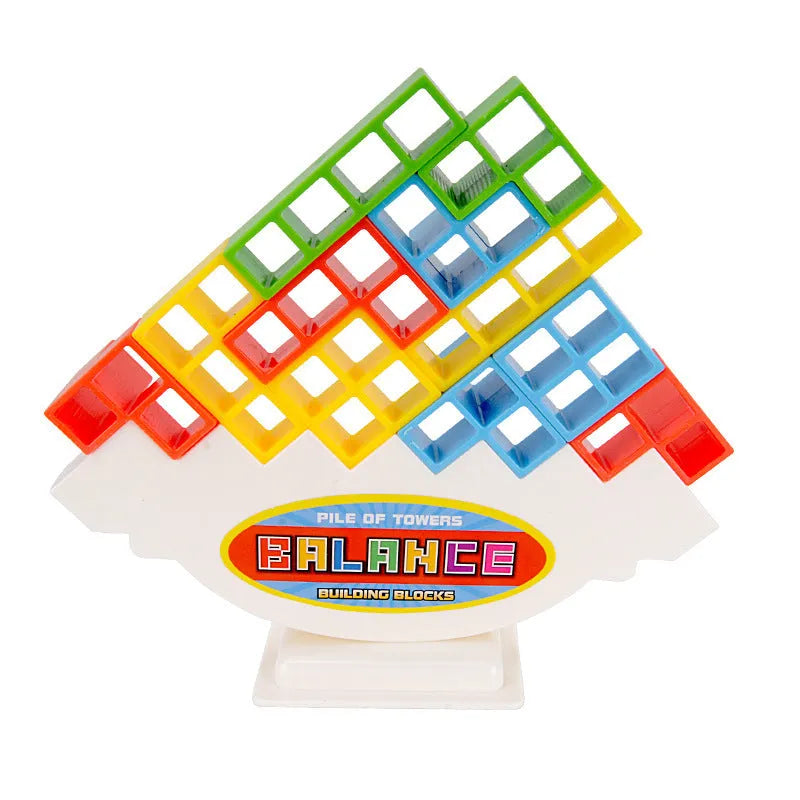 Plastic balance stacking board game with 16 colourful building blocks, a chassis, and a base on a flat surface.