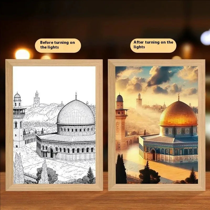 Modern rectangular LED light painting picture frame with USB cable, showing example of a sea theme design.