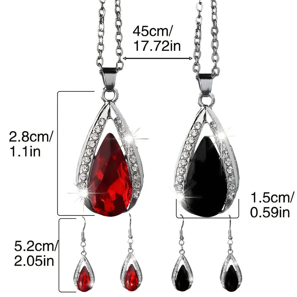Teardrop glass pendant necklace and matching earrings set in black or red alloy jewellery