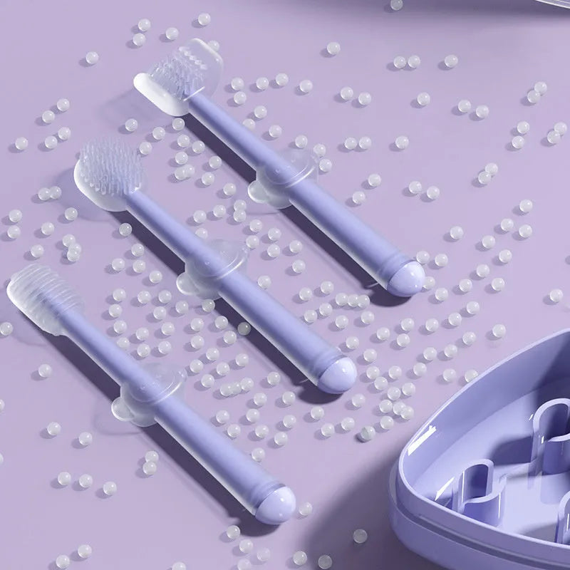 Purple silicone pet toothbrush with soft bristles and small head for cat and dog teeth cleaning