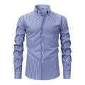 Men's long-sleeved striped business shirt with lapel collar in a selection of colours on a hanger.