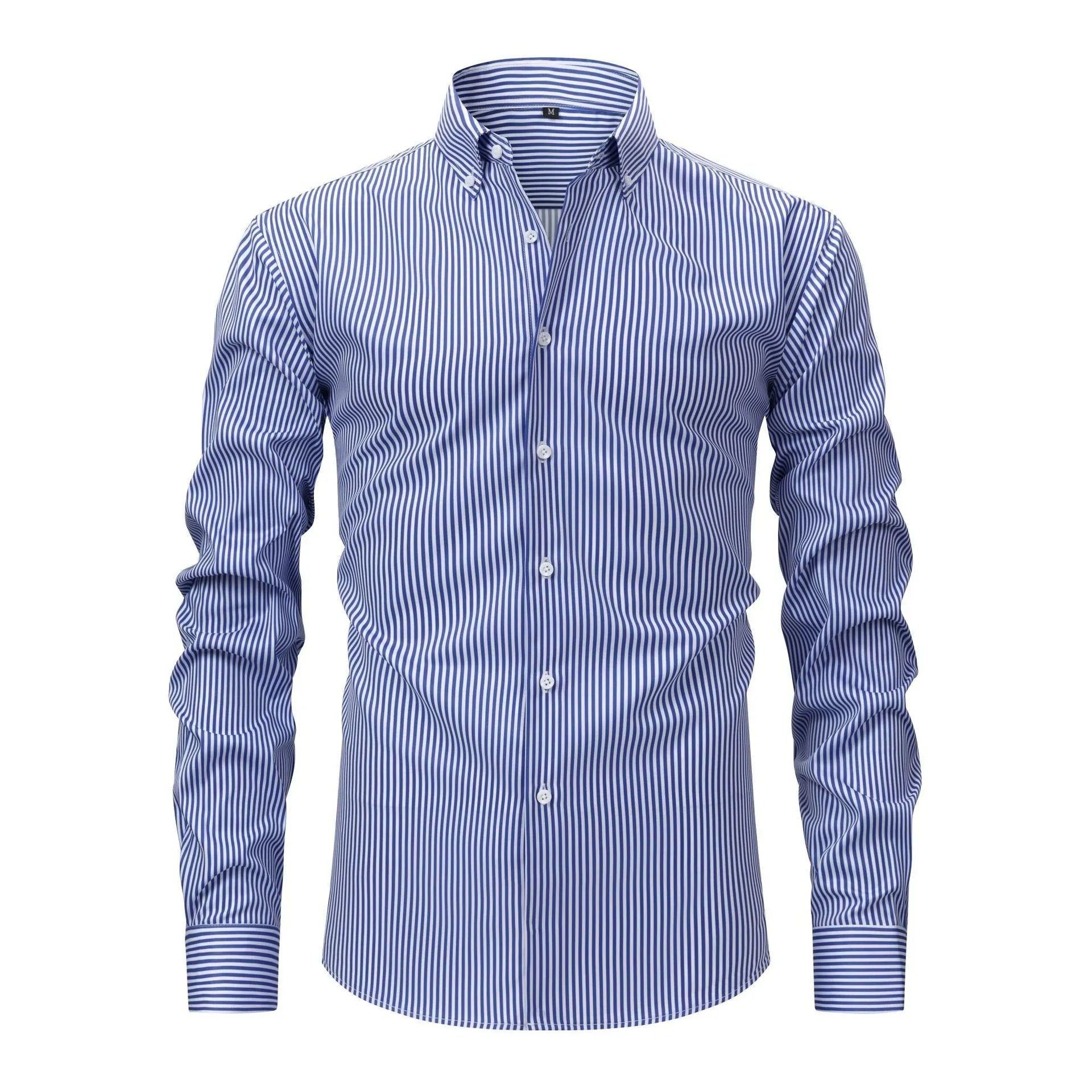 Men's long-sleeved striped business shirt with lapel collar in a selection of colours on a hanger.