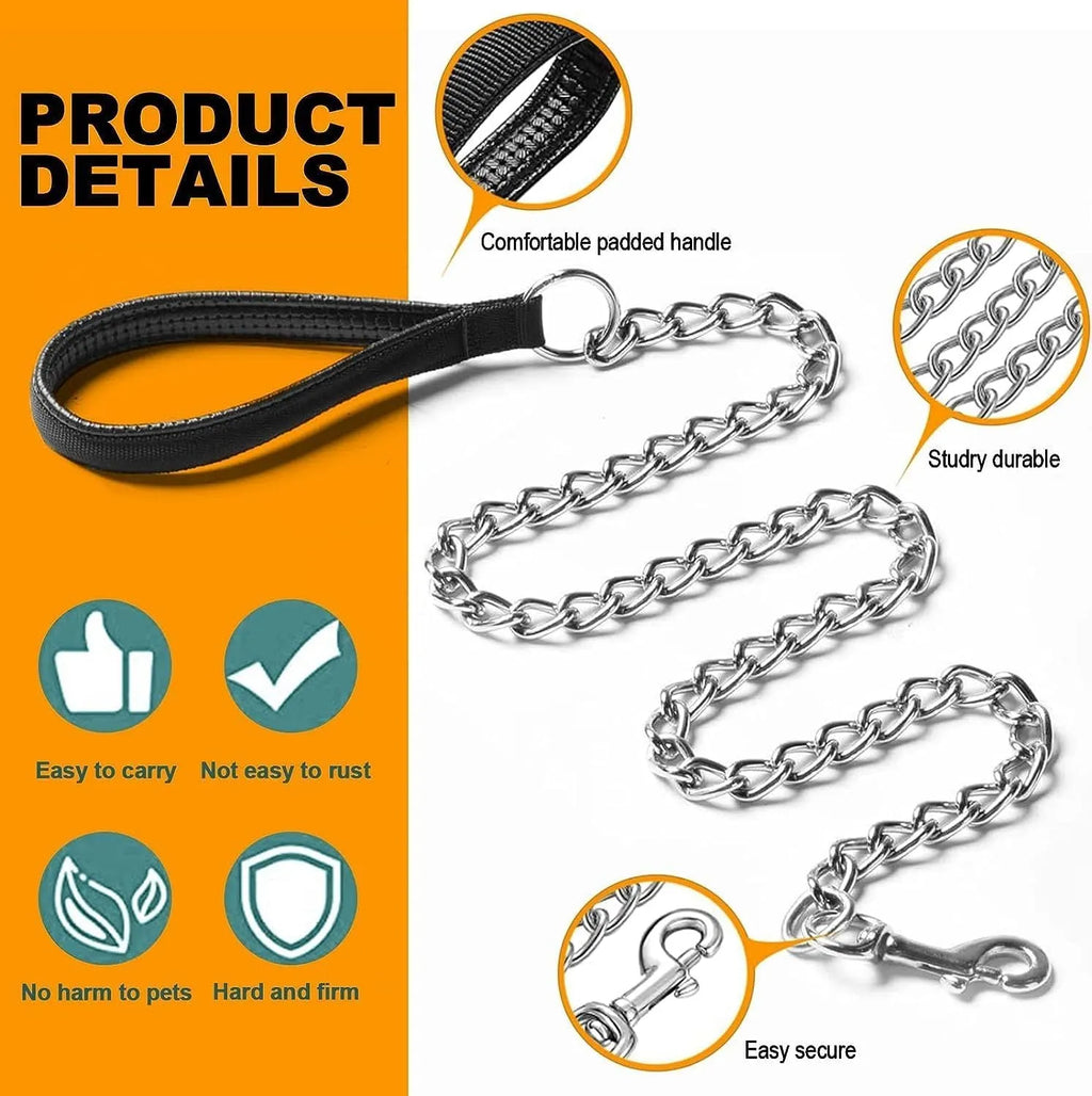 Heavy-duty black metal chain dog leash with a soft blue padded handle, shown attached to a dog collar.