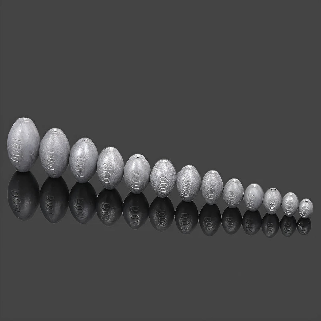 Olive-coloured rugby-shaped fishing sinker with a textured scale surface and plastic core, shown in various weights.