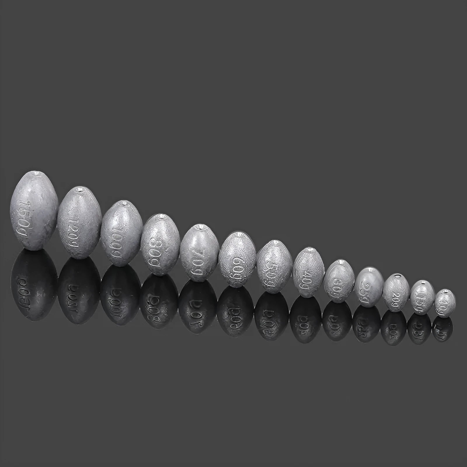 Olive-coloured rugby-shaped fishing sinker with a textured scale surface and plastic core, shown in various weights.