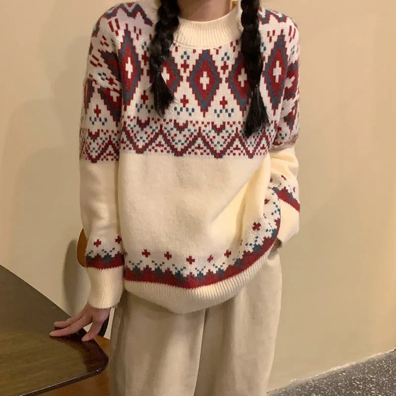 Loose retro pullover knitted top with stripe pattern and long sleeves