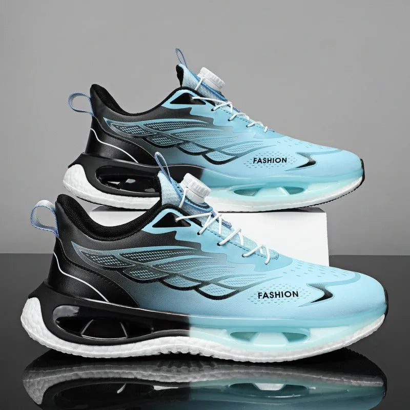 Low-top men's sneaker with rotating button, mesh upper, and solid rubber sole in light blue.