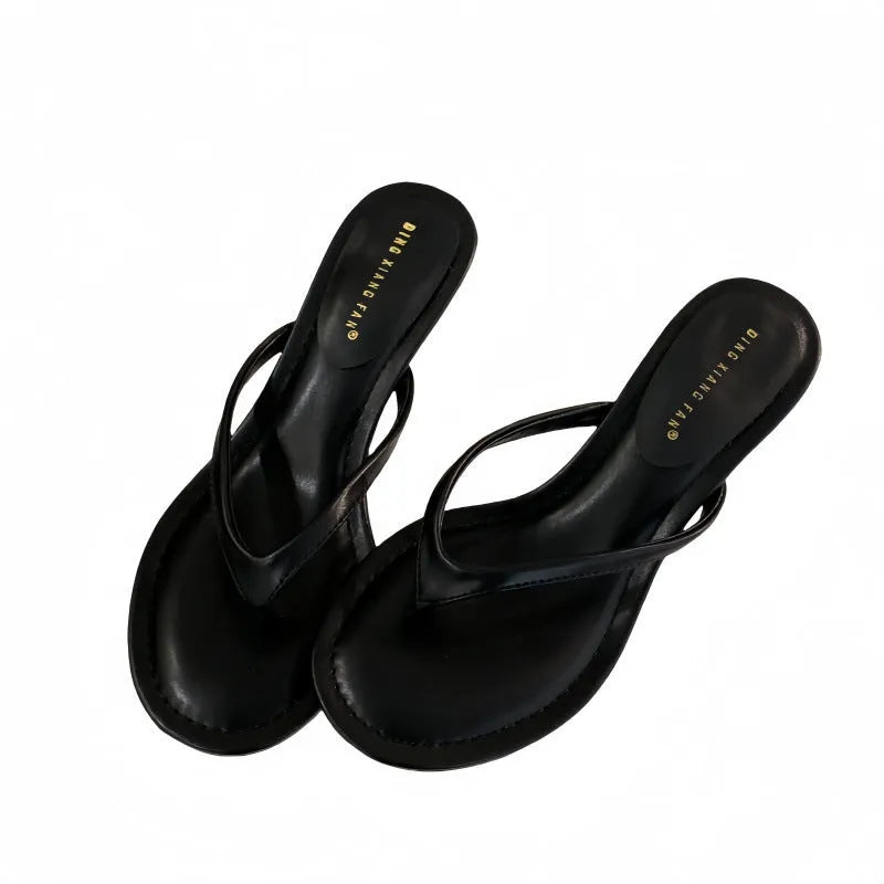 Women's round toe stiletto flip-flops in black or camel rubber sandals