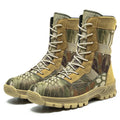 Men's black and camouflage high-top combat boots with mesh upper and totem detailing.